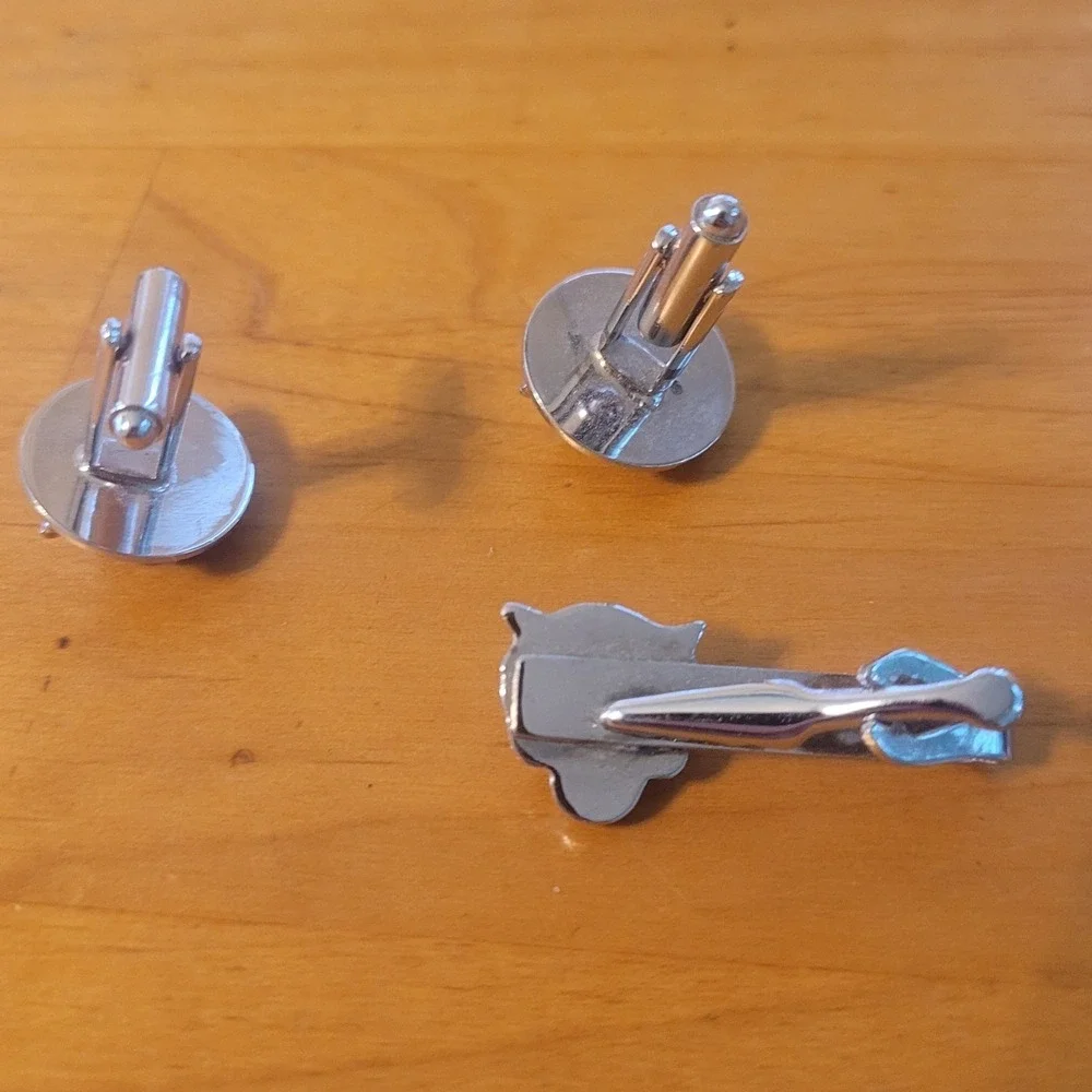 Vintage Silver Tone Aviator Cat Goggles Cufflinks Tie Clip Set Novelty